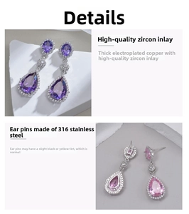 Detailed macro view of pear-cut purple and pink cubic zirconia drop earrings in 316L steel
