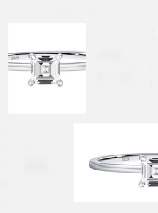 Detailed view of S925 sterling silver ring showing the S925 hallmark and square moissanite