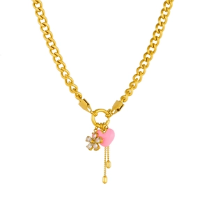 Collier en or avec pendentifs cœur rose et fleur de cristal pour parures de bijoux chic