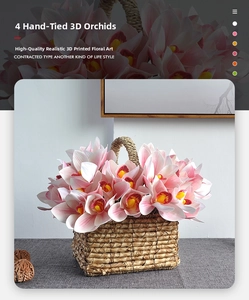 Detail of 4-piece 3D printed artificial Cymbidium orchids in a rustic woven basket