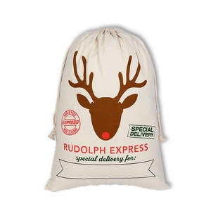 Christmas reindeer drawstring canvas gift bag with North Pole Express delivery print