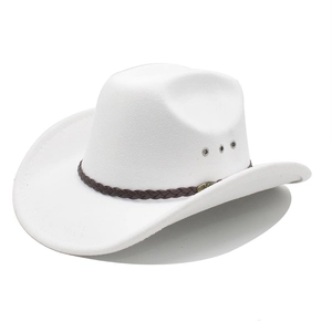 White Western cowboy hat with broad brim and brown braided leather band decoration