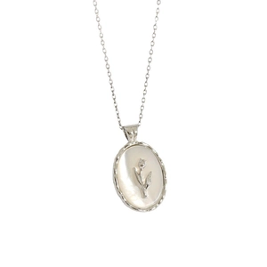 S925 sterling silver necklace with oval mother of pearl tulip flower pendant on white background