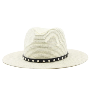 Beige wide brim straw sun hat with black studded band for men and women