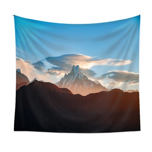 Bohemian wall tapestry with sunset mountain peaks and clouds for room decor