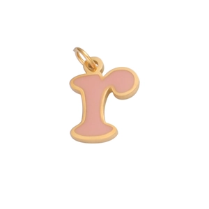 Macro detail of golden letter r pendant with pink enamel finish and top ring