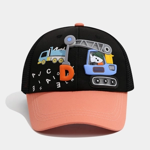 Detail of cartoon crane silicone patch on breathable mesh trucker hat for kids