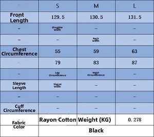 Size chart for French knit halter dress showing measurements in centimeters for S, M, L