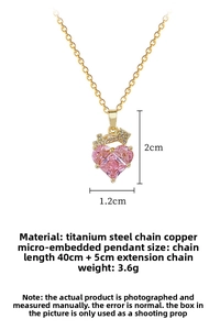 Pink heart pendant necklace with crown detail and dimensions on titanium steel chain