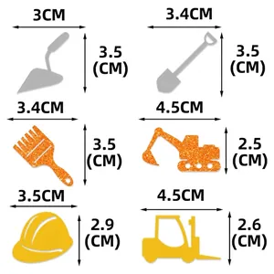 Construction theme party confetti featuring excavators and tools with size specifications