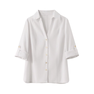 Women's white V-neck linen blend shirt with rolled sleeves and gold buttons on white backdrop