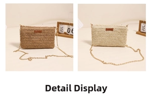 Detail of woven straw chain bags in brown and beige with leather patch decoration