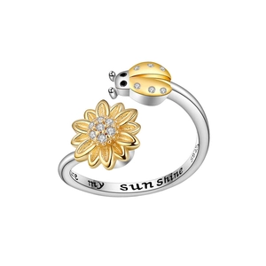 Anello regolabile in argento S925 con girasole girevole, coccinella e zirconi chiari