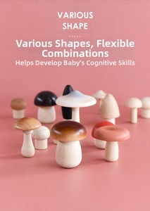 Detail of colorful wooden mushroom figurines in various shapes for home and nursery decor