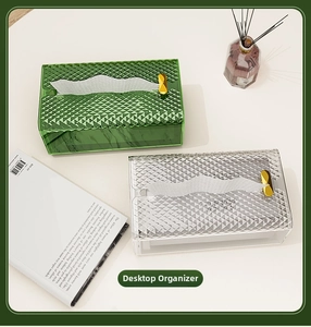 Detail of green acrylic tissue box with diamond grid texture and golden decorative buckle