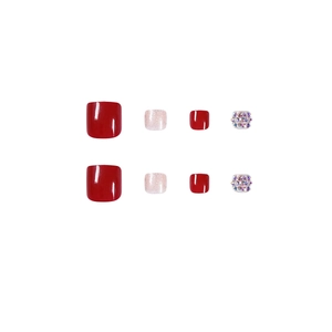 Unghie finte piedi bordeaux lucide e rosa glitterate con decorazioni in strass