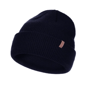 Classic navy blue knit beanie hat with warm folded cuff and brown leather patch detail