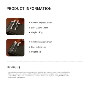 Detailed infographic of silver bow earrings with zircon tassel dimensions and weight