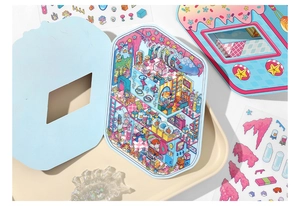 Detailed view of kawaii underwater lab PET stickers and 2.5D background scene kit