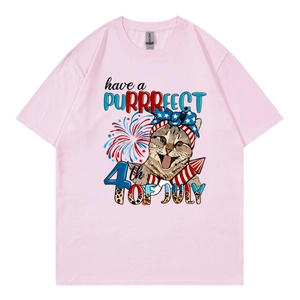 Pink oversized cotton T-shirt featuring USA Independence Day cat print on white background