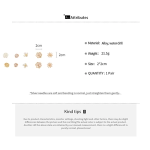 Detailed specs of alloy flower and heart stud earrings with rhinestones in 2x2cm size