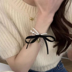 Dual-Use Artificial Pearl Hair Tie Bracelet Elegant Faux Artificial Pearl Ribbon Bow Heart Pendant Fashion Hair Accessories