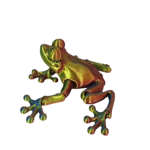 3D printed articulated frog figurine in iridescent rainbow PLA silk material