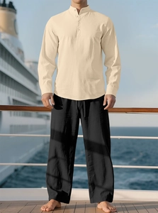 Men's cotton linen set with beige long-sleeve henley shirt and black drawstring pants