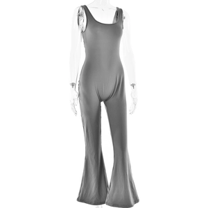 Detail view of grey U-neck sleeveless jumpsuit with flared leggings on a mannequin