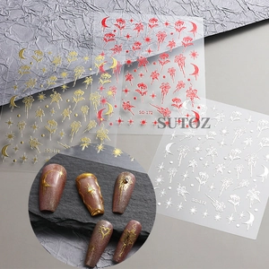 Detail of SO-172 retro gold foil lily and heart nail art stickers in various colors