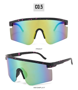 Front and 45-degree angle detail of sport sunglasses with pink ink splash black frame