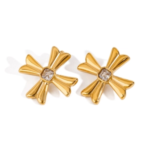 Gold titanium steel cross stud earrings with square cubic zirconia on white background