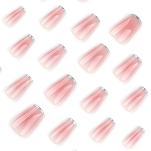 French silver short ballerina press-on nails with pink blush gradient and silver tips