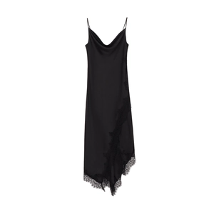 Robe Maxi Satin Dentelle Patchwork Col V Bretelles Spaghetti Ourlet Irrégulier Sexy Élégant Femmes