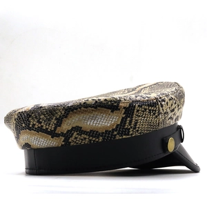 Retro flat top military cap featuring python print crown and black faux leather strap