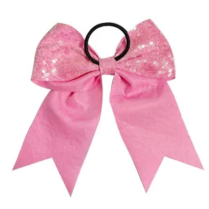 8 inch pink sequin bow hair tie with satin ribbons for girls on white background
