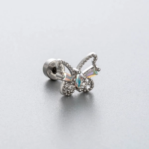 Silver butterfly stud earring with colorful zircon stones and screw back closure