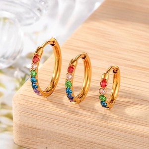 Three gold stainless steel hoop earrings in different sizes with colorful zircon inlay