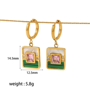 Vintage gold-tone geometric drop earrings with emerald green and pink stone details