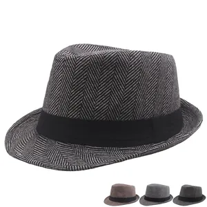 Classic herringbone tweed fedora hat for men in vintage British style with black ribbon