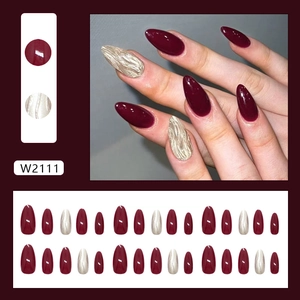 Deep burgundy and champagne gold 3D ripple almond press on nails set with glossy finish