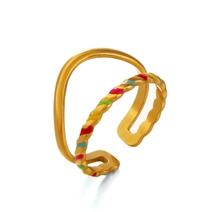 Minimalist gold-plated stainless steel ring with colorful enamel stripes on a white background