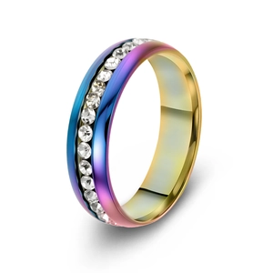 Detail of rainbow gradient stainless steel ring with full sparkling zircon inlay
