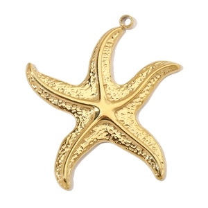 Macro shot of gold stainless steel starfish pendant with textured metallic finish