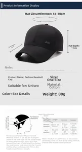 Tableau des tailles détaillé pour la casquette en coton noir montrant visière et mesures