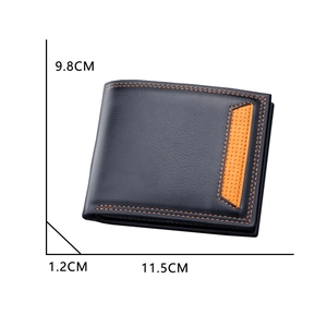 Cartera corta de cuero para hombre en negro con costuras naranjas y medidas