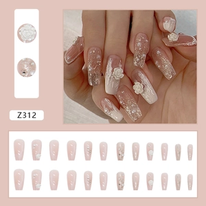 Rosa Ombré-Kunstnägel mit 3D-Blumen, Perlen und Glitzer, 24-teiliges Set für Frauen