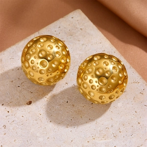 French style 18k gold plated hollow sphere stud earrings with unique lunar texture