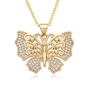 Gold plated butterfly pendant necklace with cubic zirconia stones on a white background