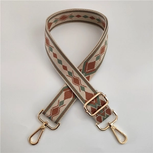 Close-up of ethnic jacquard wide shoulder strap with geometric patterns and gold hooks